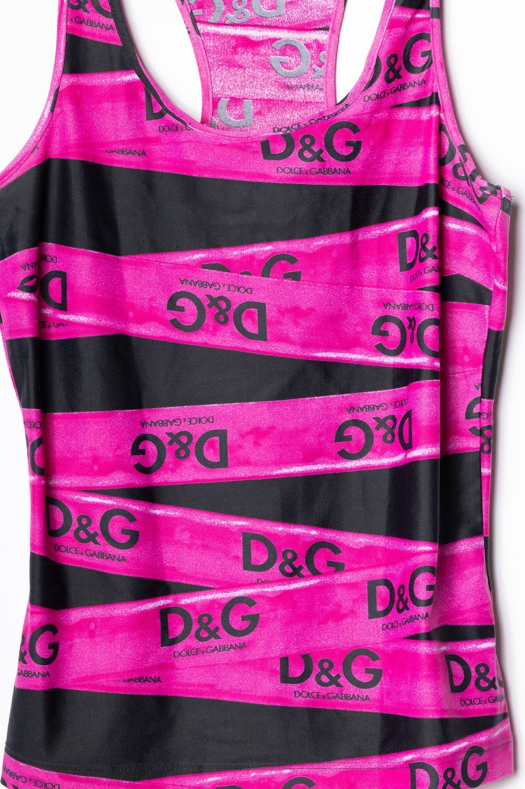 D&G Pink/Black Caution Tape Tank - Black/pink color, XS 24/38. Stretchy bathing suit material. Good vintage condition.