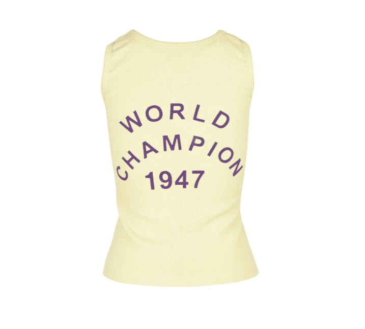 : J'adore Dior Ribbed Tank Top - Yellow/Purple, size 40FR/8US. Vintage charm with "world champion 1947" and "j'adore dior" prints.