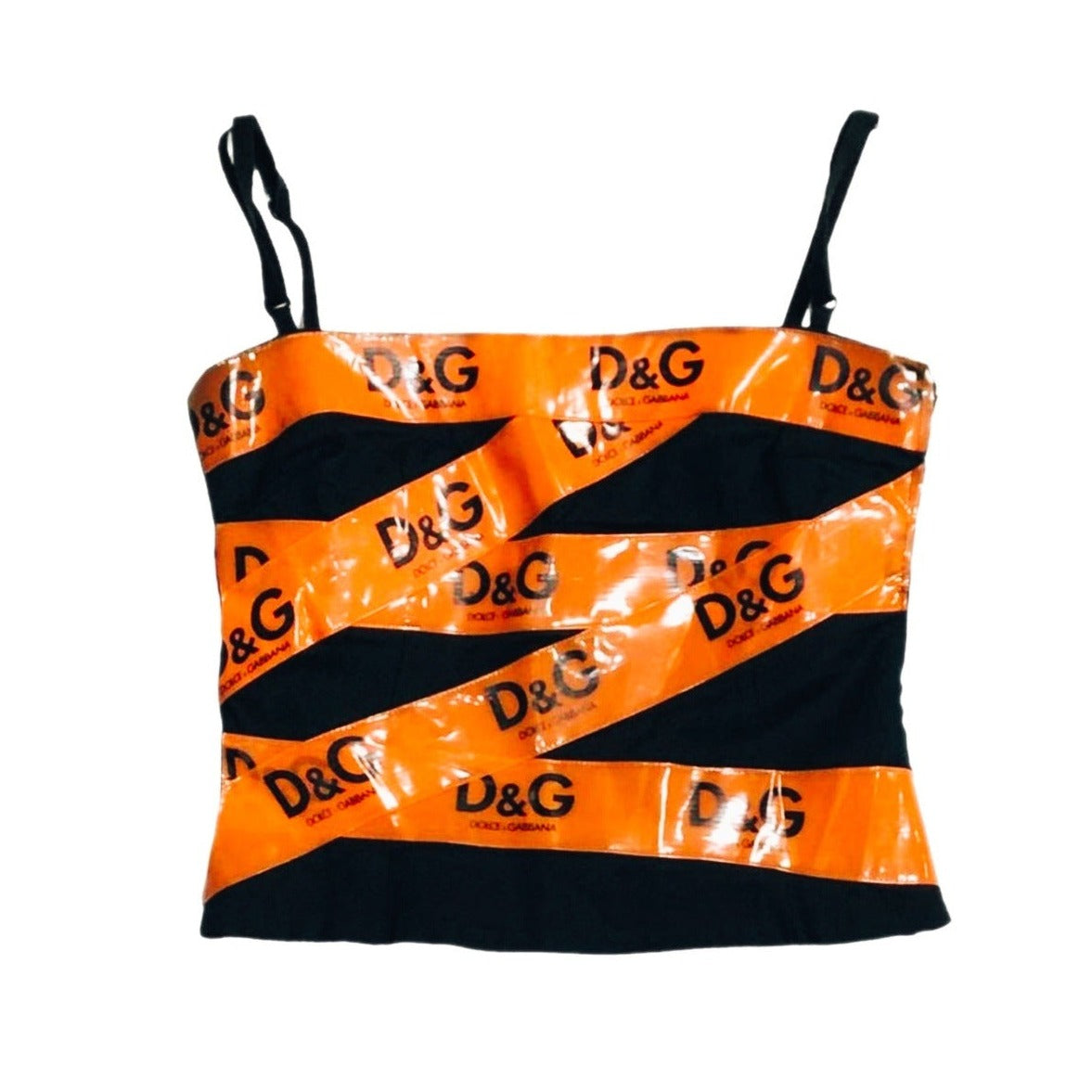 Discover iconic and rare D&G Taped Logo Top from Dolce & Gabbana's fall 2003 runway. Black/orange PVC panels, size 26/40