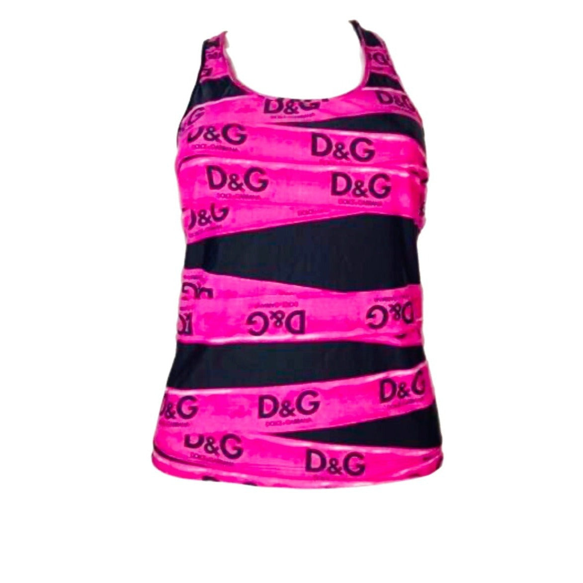 Elevate style with D&G Pink/Black Caution Tape Tank. Black/pink color, size XS 24/38. Made of bathing suit material, stretchy.