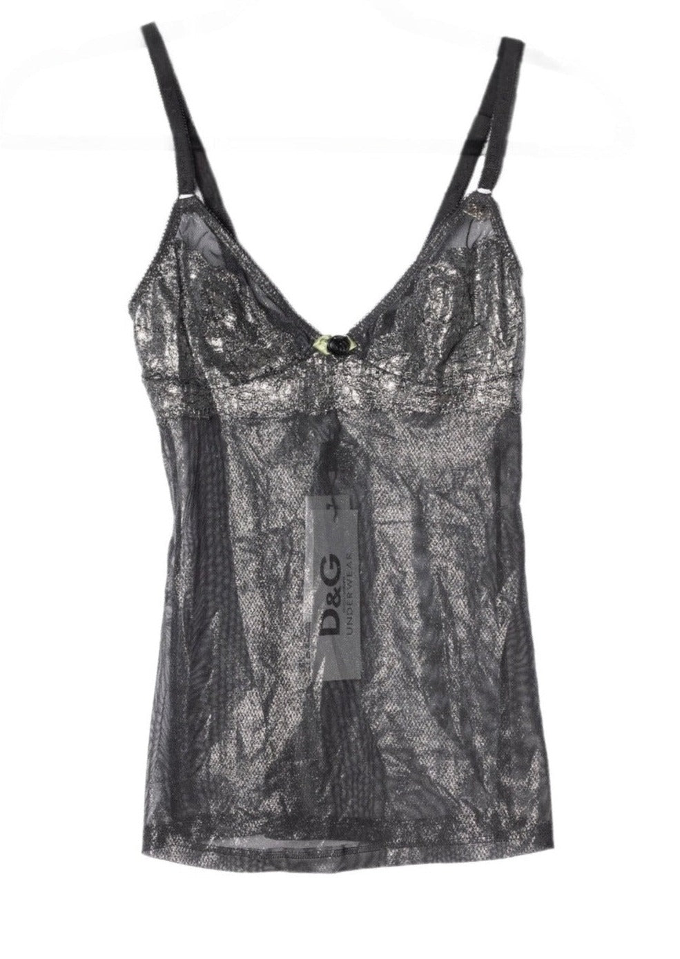 Vintage Dolce and Gabbana Shimmer Black Top - Camisole with adjustable straps, D&G charm, and black rose detail. Size XS. New with tags.