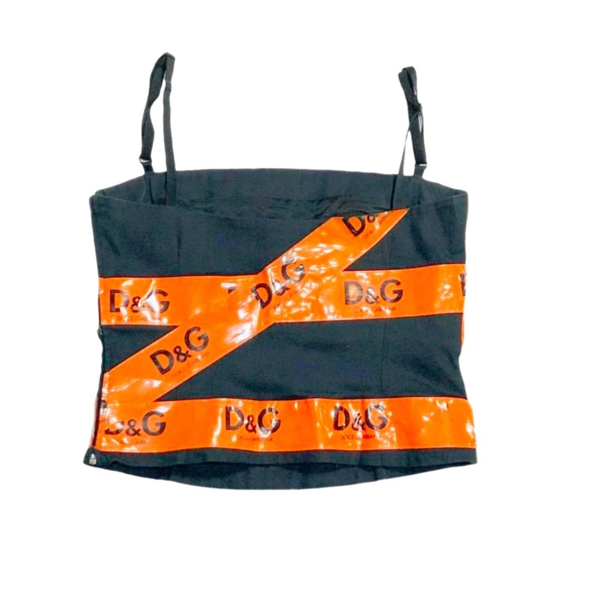 Discover iconic and rare D&G Taped Logo Top from Dolce & Gabbana's fall 2003 runway. Black/orange PVC panels, size 26/40