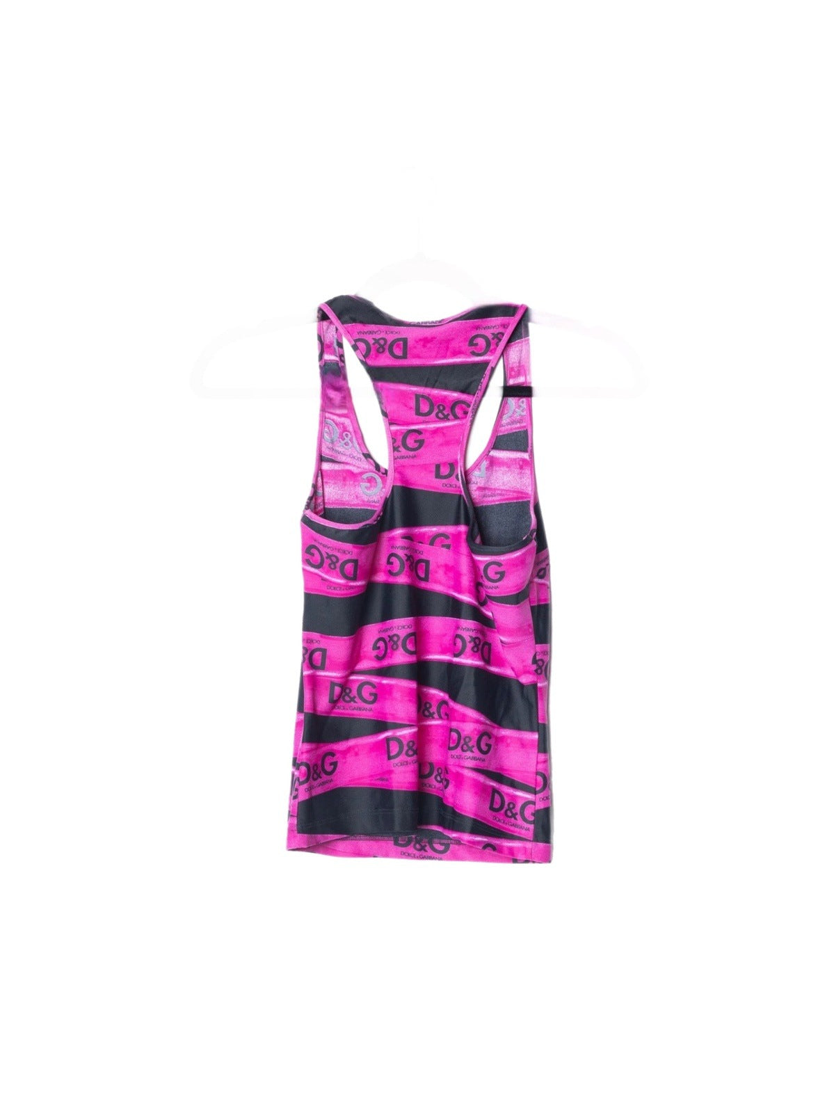 D&G Pink/Black Caution Tape Tank - Black/pink color, XS 24/38. Stretchy bathing suit material. Good vintage condition.